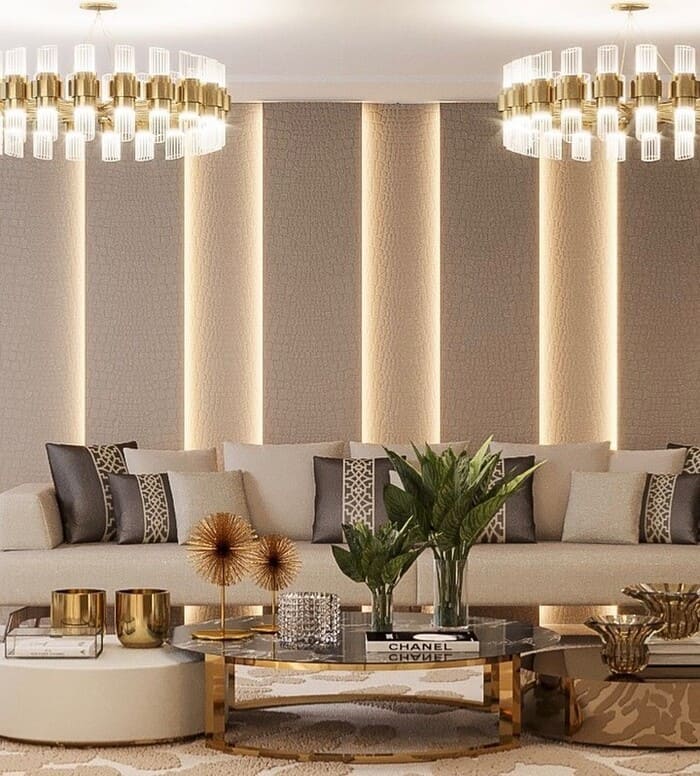 A luxurious interior design inspiration for a living room with a luxury gold chandelier.