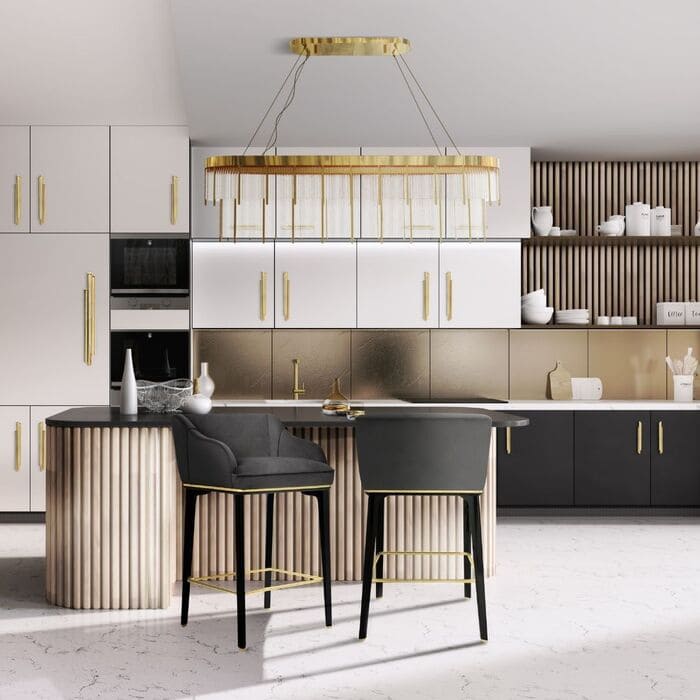 A luxurious and modern kitchen in shades of gold, black and white!
