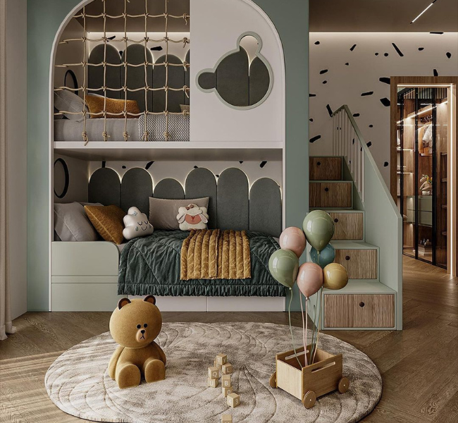 A Modern and Luxury Kids' Bedroom Design with Green Hues