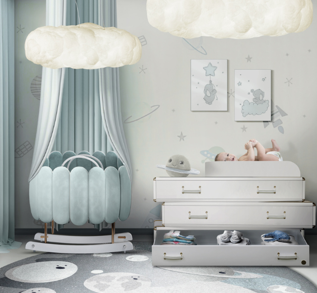 Luxury Nursery with a Light Blue and Gray Color Scheme