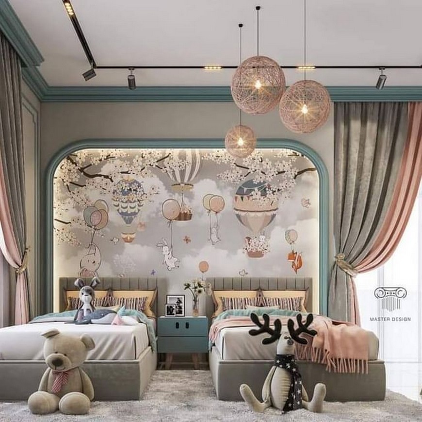 modern air balloon themed shared girls bedroom