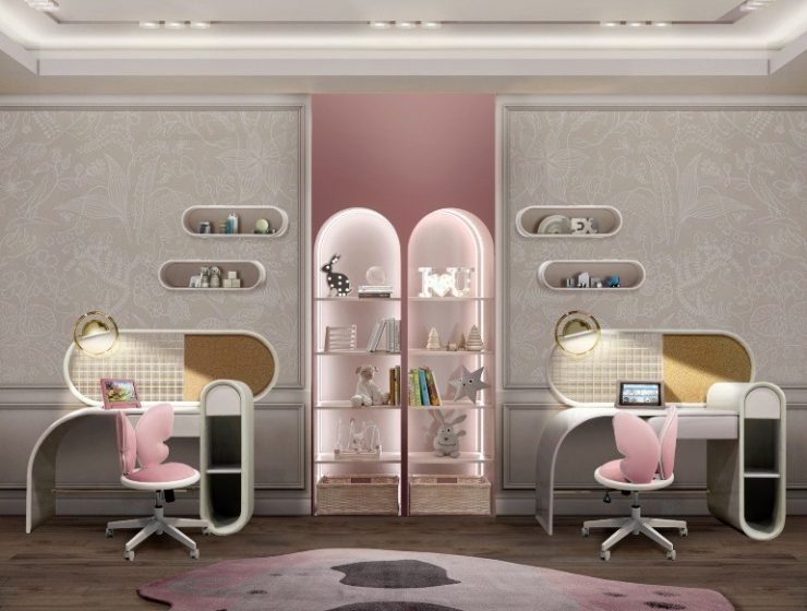 Twin's Study Area In A Pink Tones